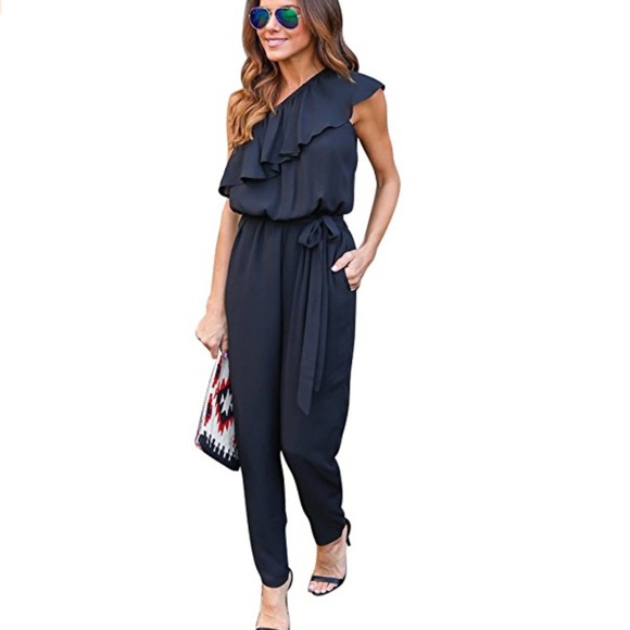 ABIGAIL Black One Shoulder Jumpsuit - Picture 2 of 5